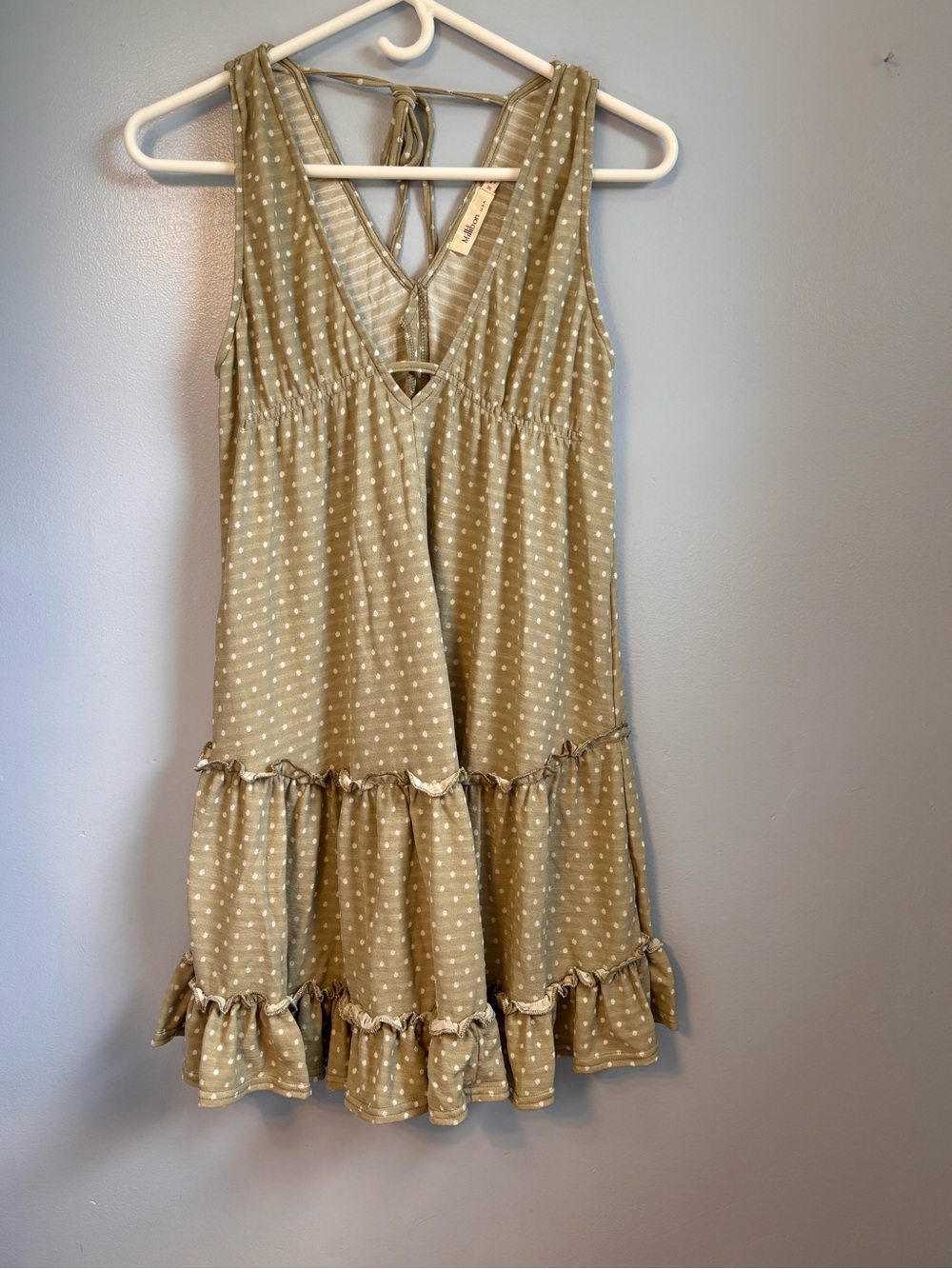 Millibon USA Olive Green Polka Dot Tiered Boho Mini Dress V-Neck Sz M. NWOT